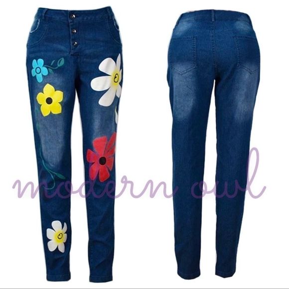 NEW! Painted Flower Button Fly Pencil Jeans - Picture 2 of 2